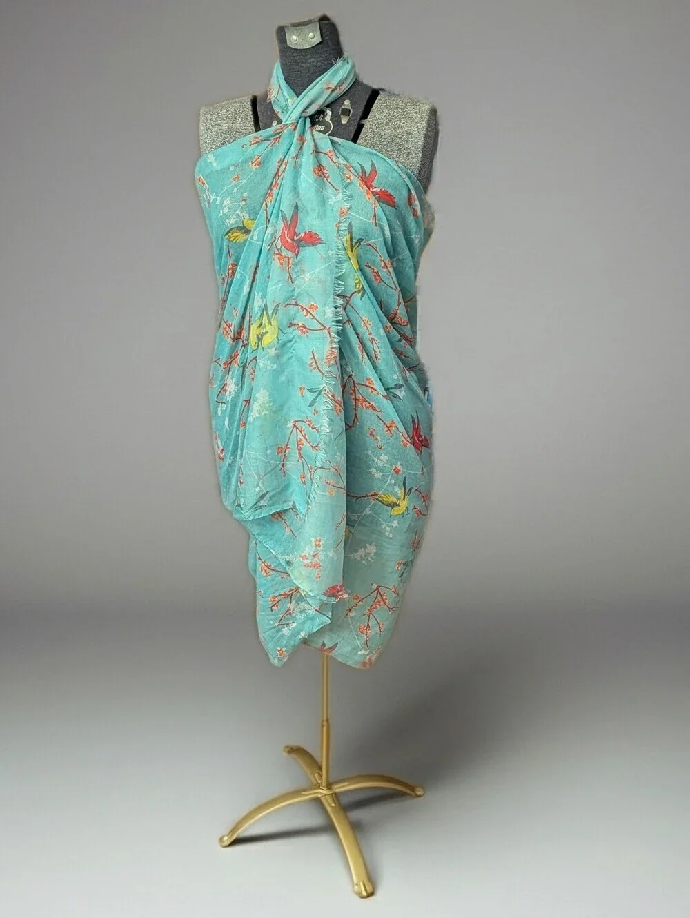 Vintage Style Turquoise Bird & Cherry Blossom Oversized Shawl Scarf Wrap 40
